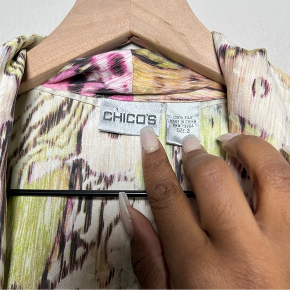 Chico's Women 100% Silk Cardigan Top Large Watercolor Floral Jacquard Open Front - Picture 5 of 8